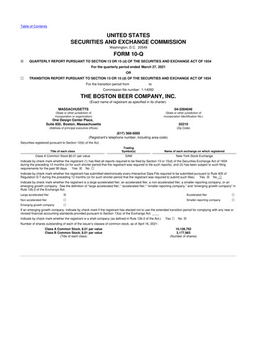 Thumbnail Boston Beer Company 10-Q Quarterly Report FY2021 