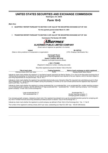 Thumbnail Alkermes 10-Q Quarterly Report FY2021 