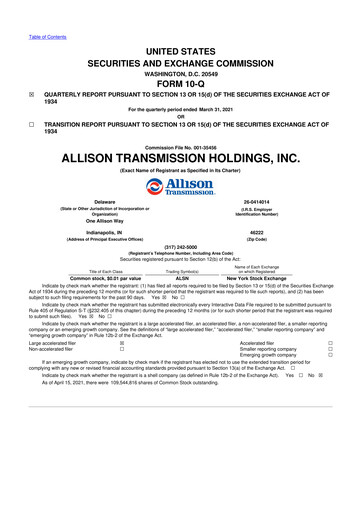 Vorschaubild Allison Transmission
 10-Q Quartalsbericht 2021 