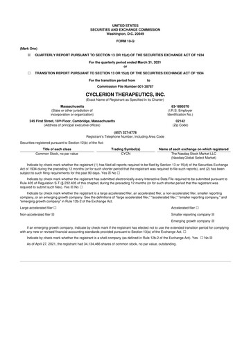 Miniature Cyclerion Therapeutics
 10-Q Rapport trimestriel 2021 
