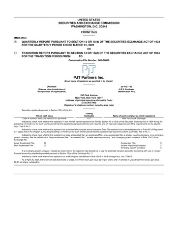 Miniature PJT Partners
 10-Q Rapport trimestriel 2021 