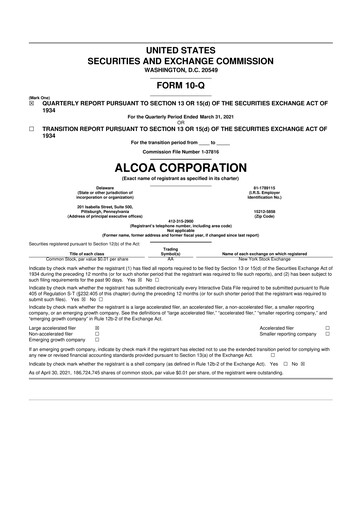 Miniature Alcoa 10-Q Rapport trimestriel 2021 