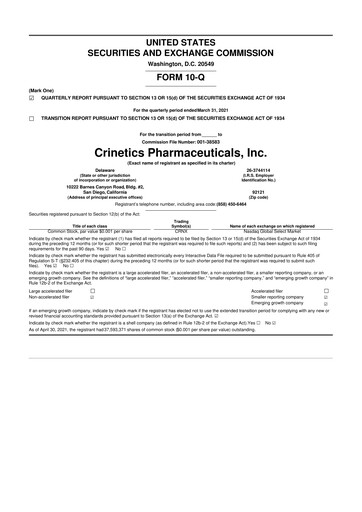 Vorschaubild Crinetics Pharmaceuticals 10-Q Quartalsbericht 2021 