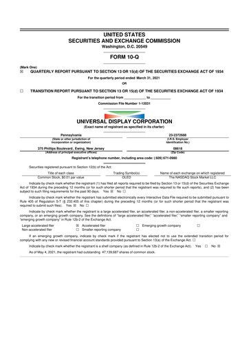 Miniature Universal Display Corporation
 10-Q Rapport trimestriel 2021 