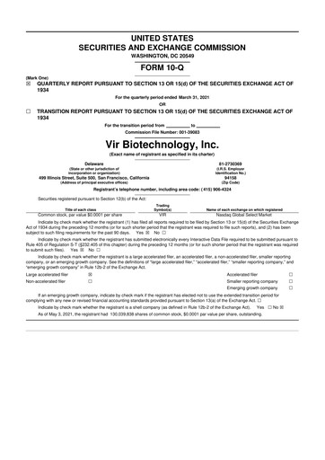 Miniature Vir Biotechnology
 10-Q Rapport trimestriel 2021 