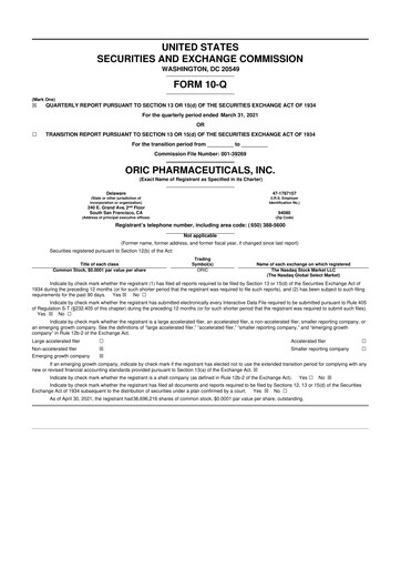Thumbnail ORIC Pharmaceuticals
 10-Q Quarterly Report FY2021 