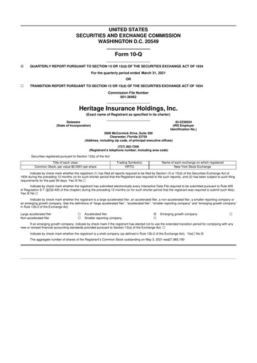 Miniature Heritage Insurance 10-Q Rapport trimestriel 2021 