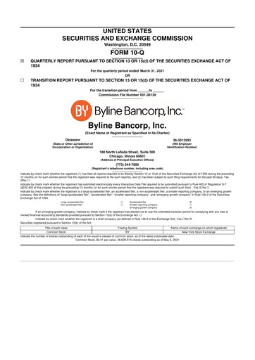 Miniature Byline Bancorp 10-Q Rapport trimestriel 2021 