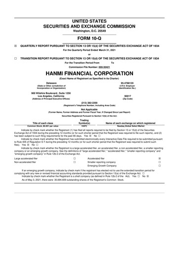 Thumbnail Hanmi Financial 10-Q Quarterly Report FY 