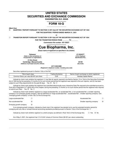 Miniature Cue Biopharma 10-Q Rapport trimestriel 2021 