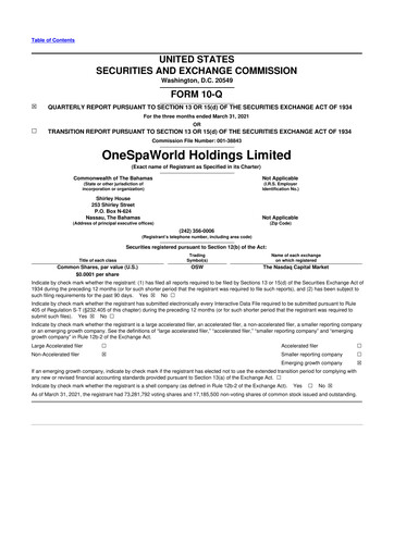 Thumbnail OneSpaWorld 10-Q Quarterly Report FY2021 