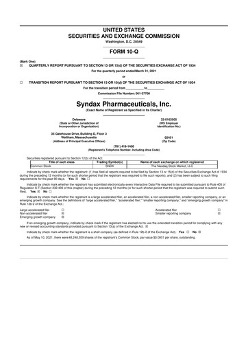 Thumbnail Syndax Pharmaceuticals 10-Q Quarterly Report FY2021 