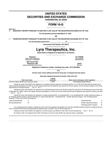 Miniature Lyra Therapeutics 10-Q Rapport trimestriel 2021 