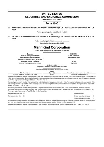 Thumbnail MannKind Corp 10-Q Quarterly Report FY2021 