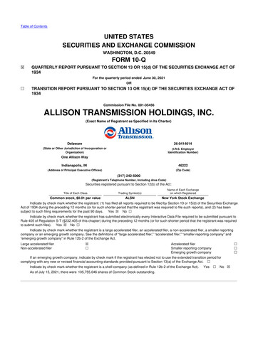 Vorschaubild Allison Transmission
 10-Q Quartalsbericht 2021 