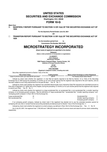 Miniature Strategy 
 (MicroStrategy) 10-Q Rapport trimestriel  