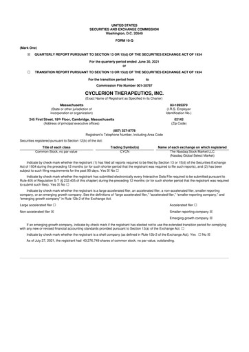 Miniature Cyclerion Therapeutics
 10-Q Rapport trimestriel  