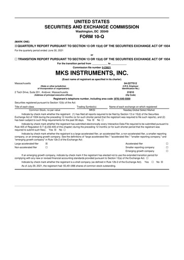 Thumbnail MKS Instruments 10-Q Quarterly Report FY2021 