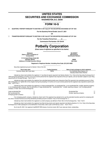 Thumbnail Potbelly Corporation 10-Q Quarterly Report FY2021 