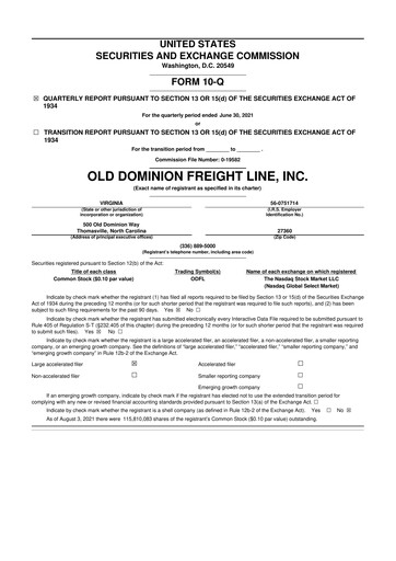 Thumbnail Old Dominion Freight Line
 10-Q Quarterly Report FY2021 