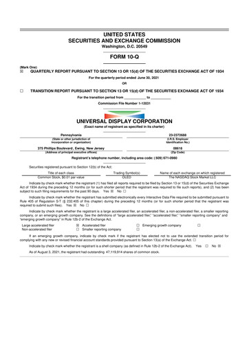 Miniature Universal Display Corporation
 10-Q Rapport trimestriel 2021 