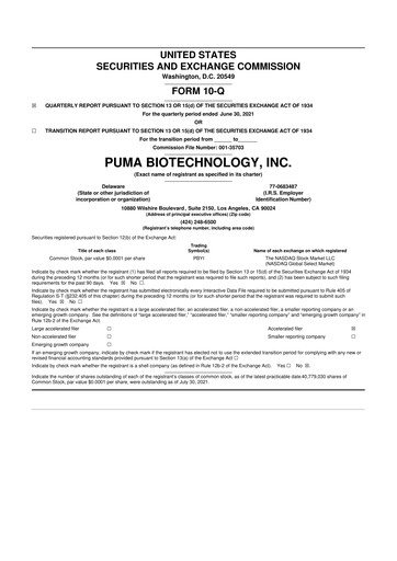 Miniature Puma Biotechnology 10-Q Rapport trimestriel 2021 