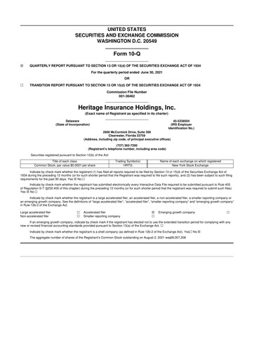 Miniature Heritage Insurance 10-Q Rapport trimestriel 2021 