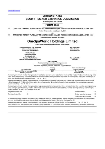 Thumbnail OneSpaWorld 10-Q Quarterly Report FY2021 