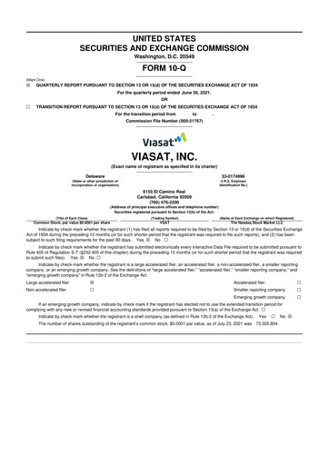 Miniature ViaSat 10-Q Rapport trimestriel  