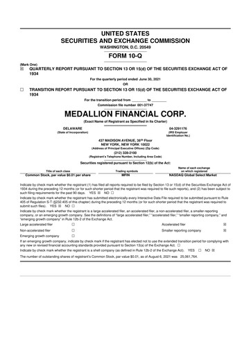Thumbnail Medallion Financial Corp. 10-Q Quarterly Report FY2021 