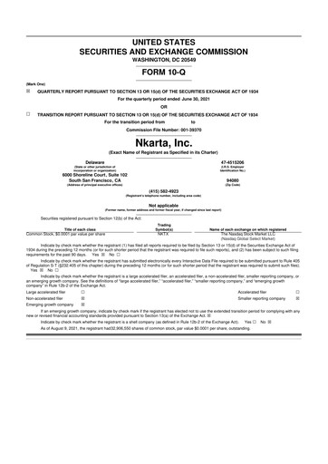 Miniature Nkarta 10-Q Rapport trimestriel 2021 