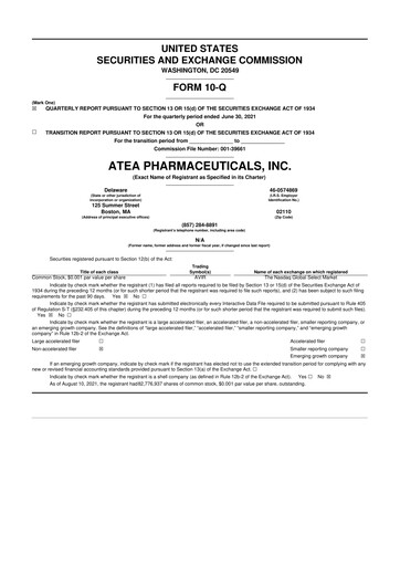 Miniature Atea Pharmaceuticals 10-Q Rapport trimestriel 2021 