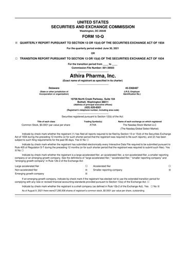 Thumbnail Athira Pharma 10-Q Quarterly Report FY2021 