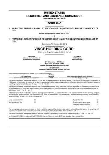 Thumbnail Vince Holding 10-Q Quarterly Report FY2021 