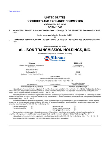 Vorschaubild Allison Transmission
 10-Q Quartalsbericht 2021 