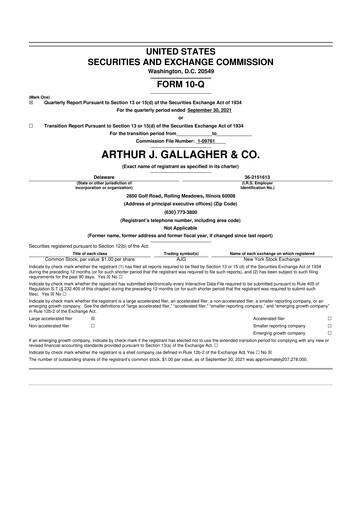 Thumbnail Arthur J. Gallagher & Co.
 10-Q Quarterly Report FY 