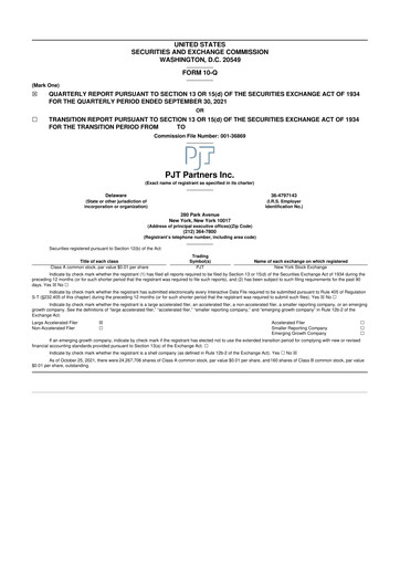 Miniature PJT Partners
 10-Q Rapport trimestriel 2021 
