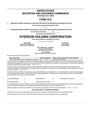 Miniature Ryerson 10-Q Rapport trimestriel  