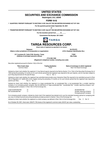 Thumbnail Targa Resources
 10-Q Quarterly Report FY2021 