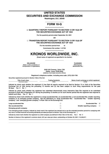 Thumbnail Kronos Worldwide 10-Q Quarterly Report FY2021 