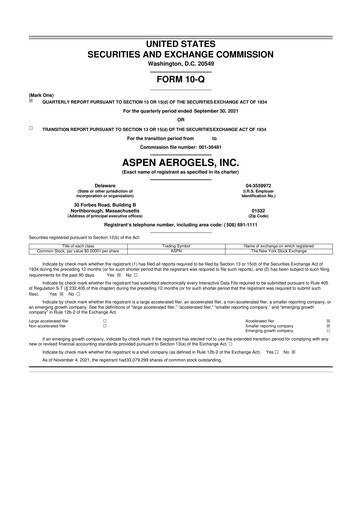 Vorschaubild Aspen Aerogels 10-Q Quartalsbericht 2021 