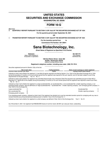 Thumbnail Sana Biotechnology 10-Q Quarterly Report FY2021 