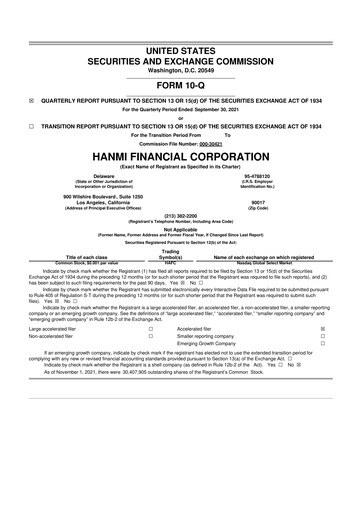 Thumbnail Hanmi Financial 10-Q Quarterly Report FY 