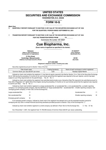Miniature Cue Biopharma 10-Q Rapport trimestriel 2021 