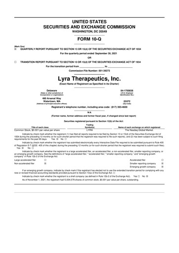 Miniature Lyra Therapeutics 10-Q Rapport trimestriel  