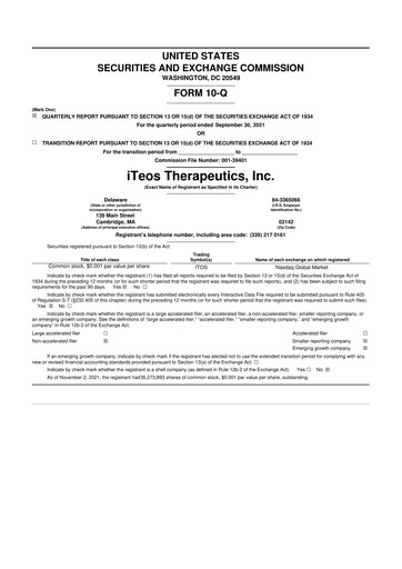 Thumbnail iTeos Therapeutics 10-Q Quarterly Report FY2021 
