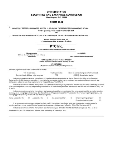 Thumbnail PTC 10-Q Quarterly Report FY 