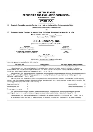 Thumbnail ESSA Bancorp 10-Q Quarterly Report FY 