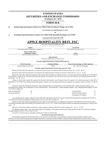 Thumbnail Apple Hospitality REIT
 10-K Annual Report 