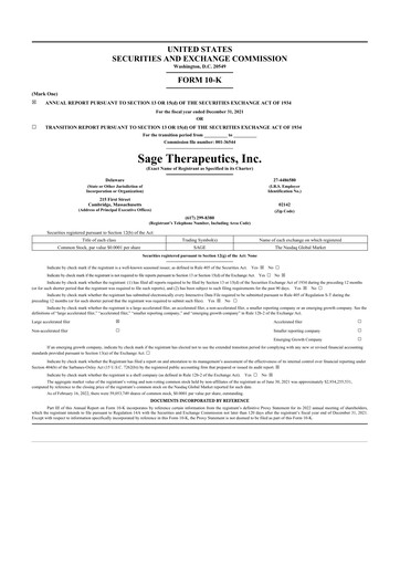Thumbnail Sage Therapeutics
 10-K Annual Report 2021